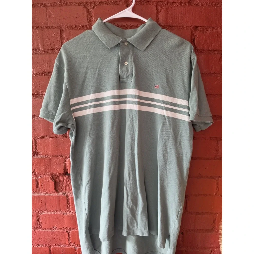 Ralph Lauren Polo Jeans Co Mens M Green Striped Polo Shirt 100% Cotton Flag Logo
